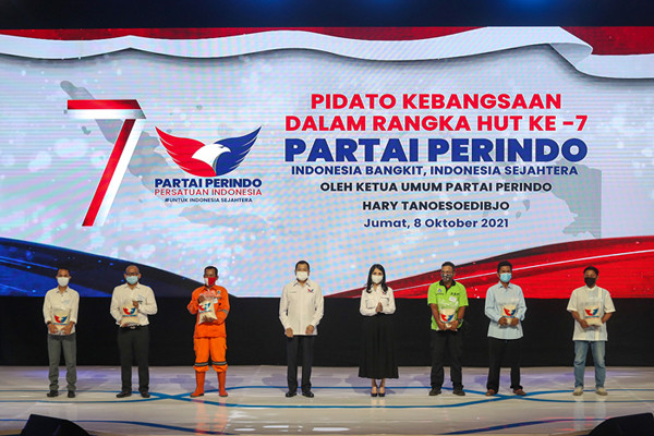 Ketua Umum Partai Perindo Hary Tanoesoedibjo saat memberikan Pidato Kebangsaan dalam rangka Peringatan HUT Ke-7 Partai Perindo di Jakarta, Jumat (8/10/2021).