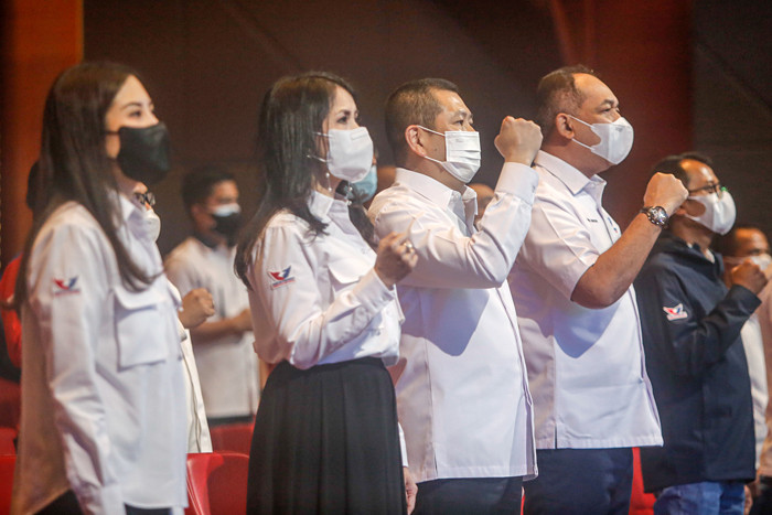 Ketua Umum Partai Perindo Hary Tanoesoedibjo saat memberikan Pidato Kebangsaan dalam rangka Peringatan HUT Ke-7 Partai Perindo di Jakarta, Jumat (8/10/2021).