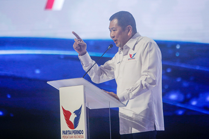 Ketua Umum Partai Perindo Hary Tanoesoedibjo saat memberikan Pidato Kebangsaan dalam rangka Peringatan HUT Ke-7 Partai Perindo di Jakarta, Jumat (8/10/2021).