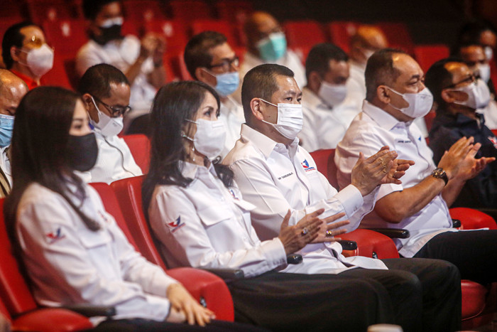 Ketua Umum Partai Perindo Hary Tanoesoedibjo saat memberikan Pidato Kebangsaan dalam rangka Peringatan HUT Ke-7 Partai Perindo di Jakarta, Jumat (8/10/2021).