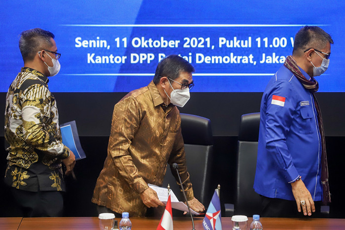 Partai Demokrat memberikan keterangan pers di Kantor DPP Partai Demokrat, Jakarta, Senin (11/10/2021).