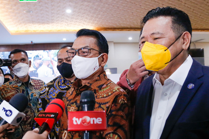 Kepala Kantor Staf Presiden (KSP) Moeldoko usai memenuhi panggilan di Bareskrim Polri, Jakarta Selatan, Selasa (12/10/2021).