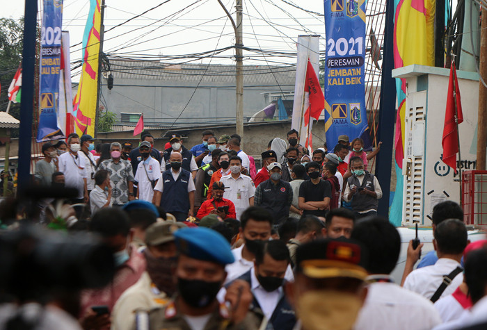 Gubernur DKI Jakarta Anies Baswedan saat acara Penandatanganan peresmian Jembatan kali betik di Jakarta Utara, Sabtu (16/10/2021).