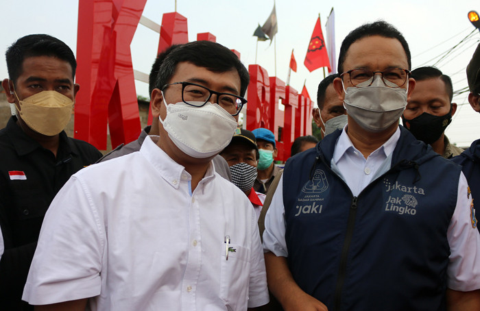 Gubernur DKI Jakarta Anies Baswedan saat acara Penandatanganan peresmian Jembatan kali betik di Jakarta Utara, Sabtu (16/10/2021).