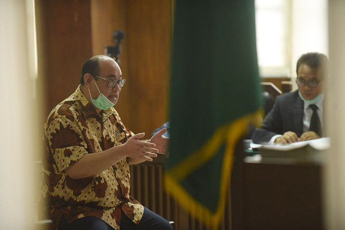 Suasana sidang Gugatan antara P3SRS Apartment Mangga Dua Court dengan bekas pengembang PT Duta Pertiwi Tbk/Sinarmas di PN Jakarta Utara, Senin (18/10/2021).