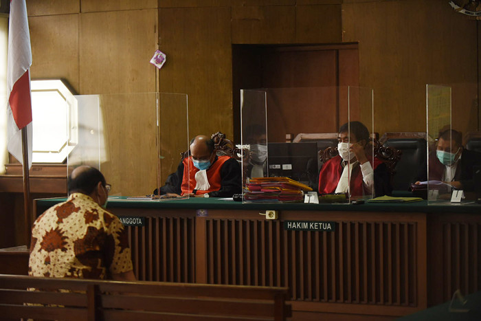 Suasana sidang Gugatan antara P3SRS Apartment Mangga Dua Court dengan bekas pengembang PT Duta Pertiwi Tbk/Sinarmas di PN Jakarta Utara, Senin (18/10/2021).
