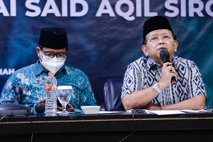 Wasekjen PBNU Imdadun Rahmat saat konferensi pers Forum Silaturrahim Pendukung Kiai Said Aqil Siradj di kawsan Menteng, Jakarta Pusat, Rabu (3/11/2021).
