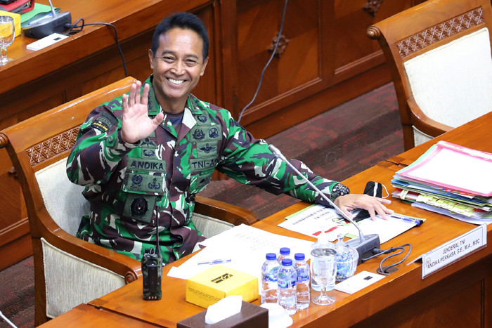 Calon Panglima TNI Jenderal Andika Perkasa saat menjalani uji kelayakan dan kepatutan dengan Komisi I DPR RI di Kompleks Parlemen, Jakarta, Sabtu (6/11/2021).