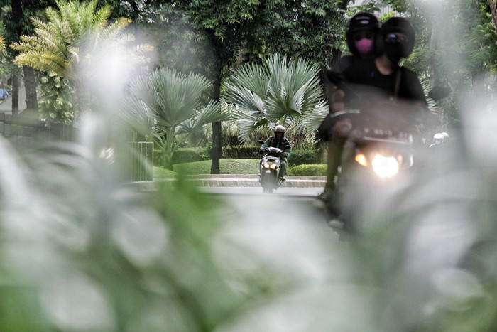 Pengendara melintas ruas jalan di kawasan Ruang Terbuka Hijau (RTH), Semanggi, Jakarta, Sabtu (27/11/2021).