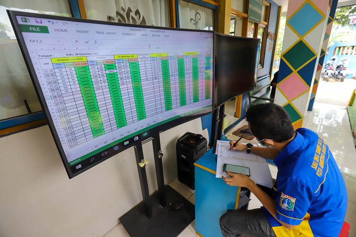 Petugas melakukan pemantauan debit aliran air di Pintu Air Manggarai, Menteng, Jakarta Pusat, Rabu (8/12/2021).