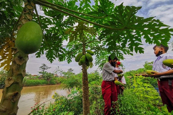 Anak-anak SDN Dayeukolot 07 Bolero saat mengikuti kegiatan bagaimana cara meningkatkan kualitas pinggir sungai Citarum dengan mengumpulkan sampah.