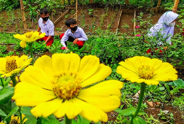 Anak-anak SDN Dayeukolot 07 Bolero saat mengikuti kegiatan bagaimana cara meningkatkan kualitas pinggir sungai Citarum dengan mengumpulkan sampah.