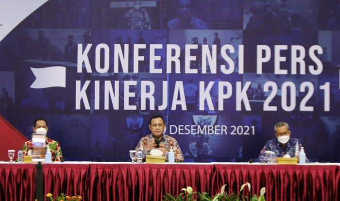 Jumpa pers Kinerja Tahun 2021, di Gedung Penunjang KPK Merah Putih, Jakarta, Rabu (29/12/2021).