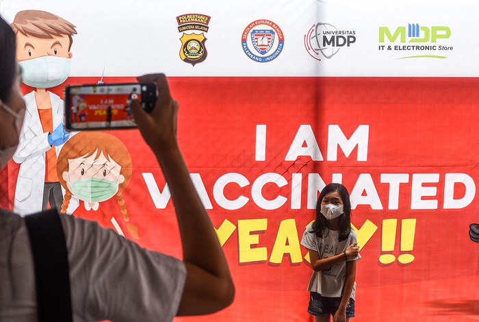 Ribuan anak mengikuti gebyar Vaksin Anak Merdeka yang diselenggarakan Polresta Palembang di Sekolah Kusuma Bangsa.