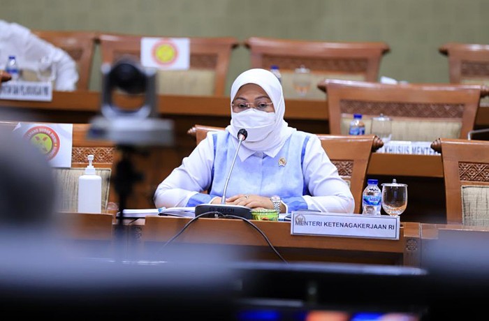 Menaker saat Rapat Kerja dengan Komisi IX DPR RI di Gedung Nusantara I Lantai I DPR RI, Jakarta, Senin (24/1/2022).