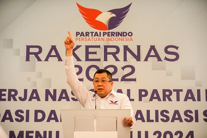 Ketua Umum Partai Perindo Hary Tanoesoedibjo saat membuka Rapat Kerja Nasional (Rakernas) Partai Perindo tahun 2022 di Lido Lake Resort, Bogor, Jawa Barat.