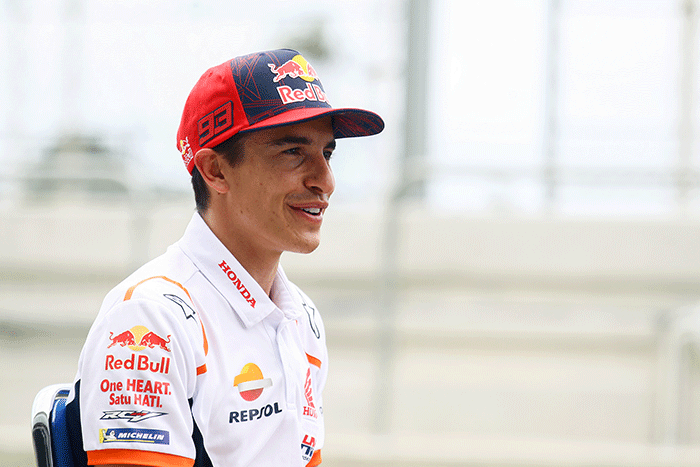 Potret Marc Marquez usai interview bersama tim Repsol Honda di Sirkuit Mandalika, Lombok Tengah, NTB, Kamis (10/2/2022).