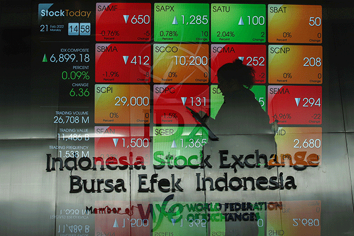 Layar menampilkan pergerakan Indeks Harga Saham Gabungan (IHSG) di gedung Bursa Efek Indonesia, Jakarta, Senin (21/2/2022).