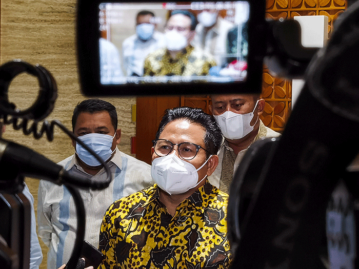 Wakil Ketua DPR Muhaimin Iskandar memberikan keterangan mengenai Pemilu 2024 agar ditunda selama satu atau dua tahun di Jakarta, Rabu (23/2/2022).