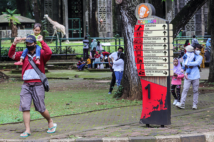 Pengunjung melihat gajah di Taman Marga Satwa Ragunan, Jakarta Selatan, Senin (28/2/2022).