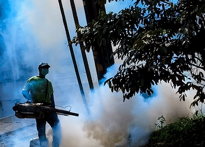 Petugas swadaya melangsungkan kegiatan fogging perumahan untuk pencegahan berkembang biaknya nyamuk Aedes aegypti di Kawasan Kebayoran Lama.