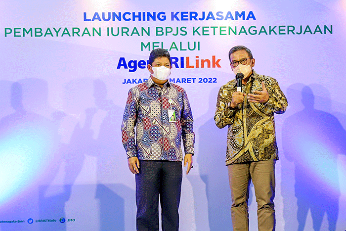 Launching kerja sama pembayaran iuran BPJS Ketenagakerjaan melalui Agen BRILink di Jakarta, Selasa (8/3/2022).