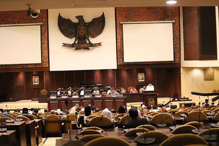 Ketua DPD RI AA Lanyalla Mattalitti saat memberikan kata sambutan dalam audensi dengan Poros Nasional Kedaulatan Nasional di Ruang Nusantara V.