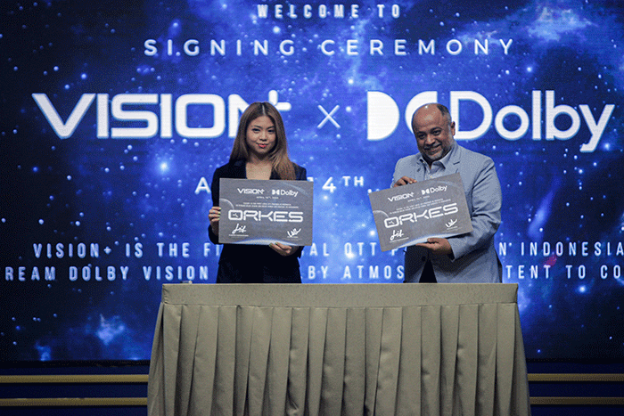 Penandatanganan kerjasama Vision+ x Dolby (Singapura) di MNC Conference Hall, Kebon Sirih, Jakarta Pusat, Kamis (14/4/2022).
