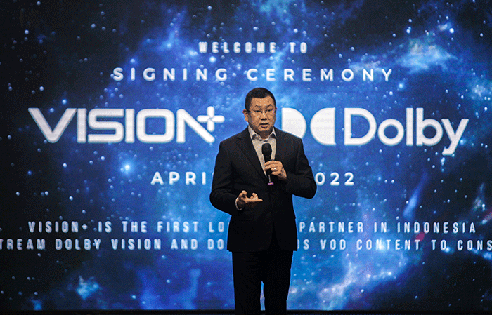 Penandatanganan kerjasama Vision+ x Dolby (Singapura) di MNC Conference Hall, Kebon Sirih, Jakarta Pusat, Kamis (14/4/2022).