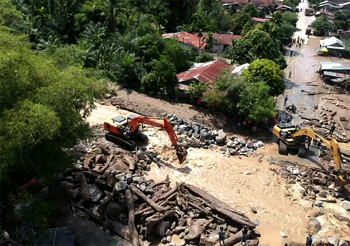 Foto udara kondisi terkini pascabanjir di Kabupaten Aceh Tenggara, Provinsi Aceh, Jumat (15/4/2022).