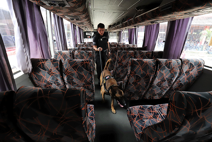 Petugas mengerahkan anjing pelacak K9 BNN untuk memeriksa bus di Terminal Kampung Rambutan, Jakarta, Rabu (27/4/2022).