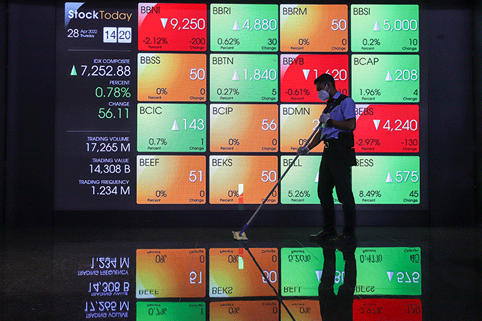 Layar menampilkan pergerakan Indeks Harga Saham Gabungan (IHSG) di gedung Bursa Efek Indonesia, Jakarta Selatan, Kamis (28/4/2022).