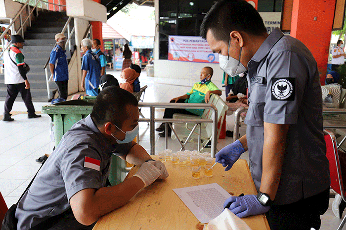 Petugas BNN melakukan pengetesan urine para sopir yang akan membawa para pemudik menuju kampung halamannya di Terminal Kampung Rambutan.