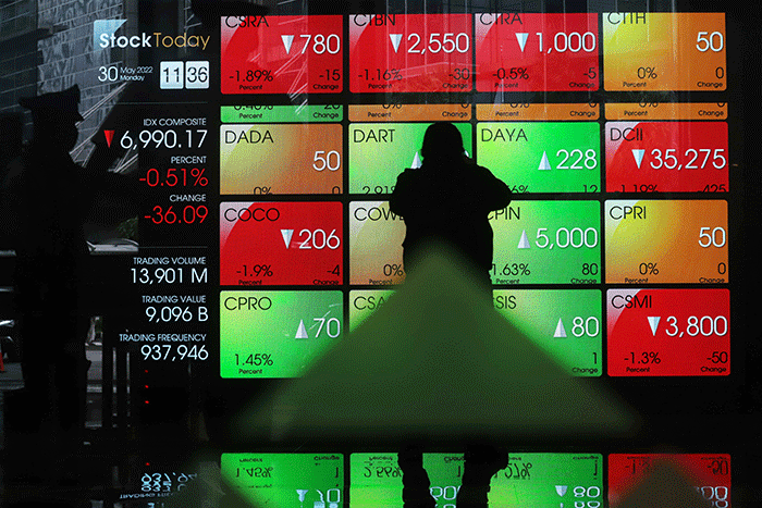 Pekerja melintasi layar pergerakan Indeks Harga Saham Gabungan (IHSG) di Bursa Efek Indonesia, Jakarta Selatan, Senin (30/5/2022).