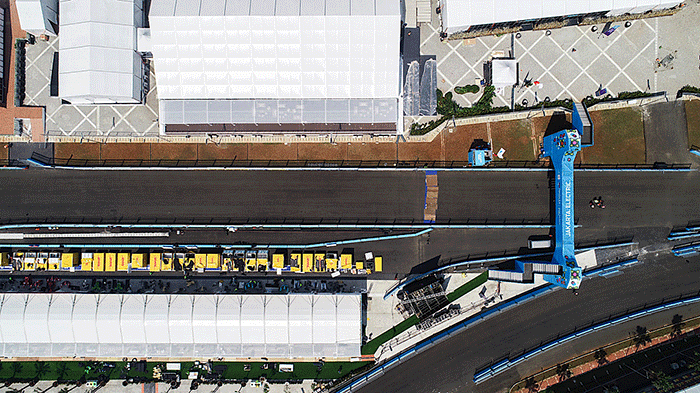 Foto udara Jakarta International E-Prix Circuit (JIEC) di Ancol, Jakarta Utara, Kamis (2/6/2022).
