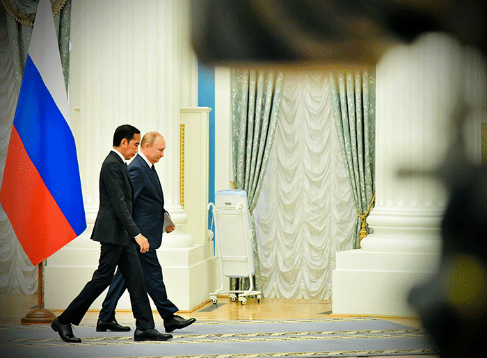 Presiden Republik Indonesia Joko Widodo bertemu dengan Presiden Rusia, Vladimir Putin, di Istana Kremlin, Moskow, Rusia, Kamis (30/6/2022).