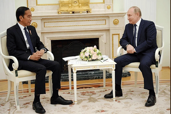 Presiden Republik Indonesia, Joko Widodo bertemu dengan Presiden Rusia, Vladimir Putin di Istana Kremlin, Moskow, Rusia, Kamis (30/6/2022).