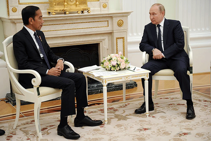 Presiden Republik Indonesia, Joko Widodo bertemu dengan Presiden Rusia, Vladimir Putin di Istana Kremlin, Moskow, Rusia, Kamis (30/6/2022).