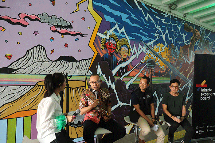 Konferensi pers kolaborasi mural di Terowongan Kendal, Jakarta, Kamis (7/7/2022).