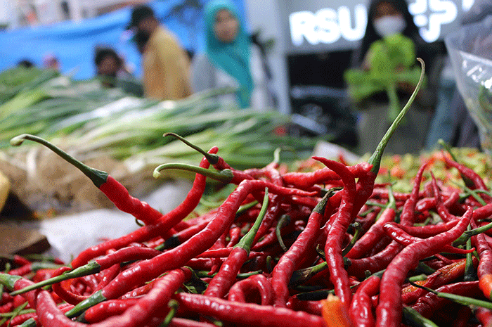 Pedagang cabai melayani pembeli di Pasar Inpres Serdang Kemayoran, Jakarta, Kamis (14/7/2022).