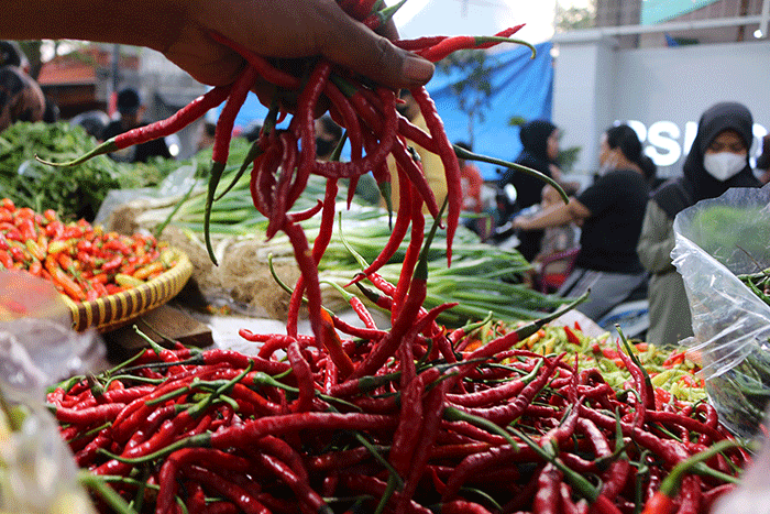 Pedagang cabai melayani pembeli di Pasar Inpres Serdang Kemayoran, Jakarta, Kamis (14/7/2022).