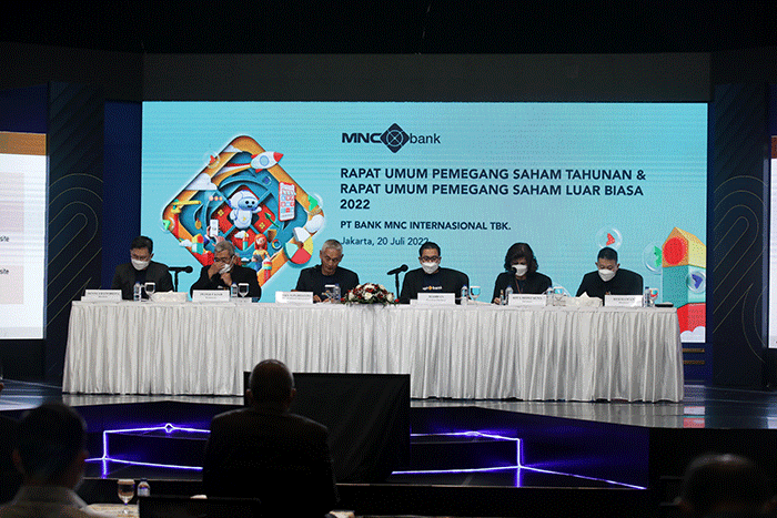 Rapat Umum Pemegang Saham Tahunan (RUPST) dan Rapat Pemegang Umum Saham Luar Biasa (RUPSLB) PT Bank MNC Internasional Tbk di Jakarta, Rabu (20/7/2022).