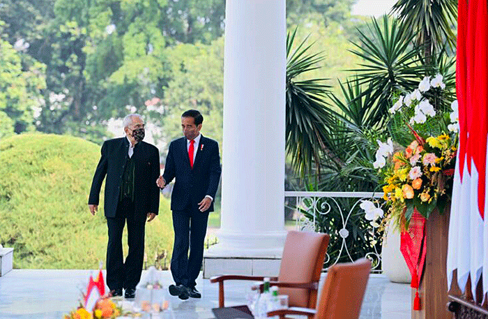 Presiden Joko Widodo menyambut kunjungan resmi Presiden Republik Demokratik Timor Leste Jose Ramos-Horta, di Istana Kepresidenan Bogor.