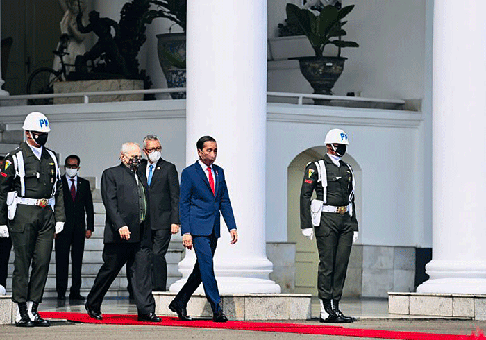 Presiden Joko Widodo menyambut kunjungan resmi Presiden Republik Demokratik Timor Leste Jose Ramos-Horta, di Istana Kepresidenan Bogor.