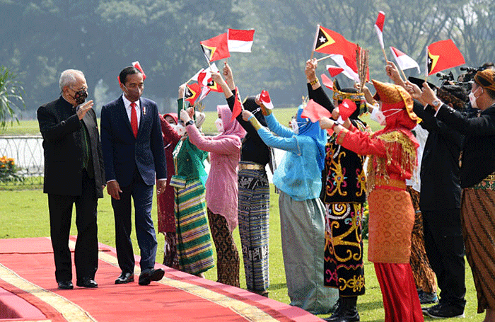 Presiden Joko Widodo menyambut kunjungan resmi Presiden Republik Demokratik Timor Leste Jose Ramos-Horta, di Istana Kepresidenan Bogor.