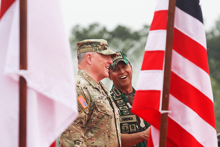 Kunjungan kehormatan Kepala Staf Gabungan Amerika Serikat (AS) Jenderal Mark Milley di Markas Besar TNI, Cilangkap, Jakarta, Minggu (24/7/2022).