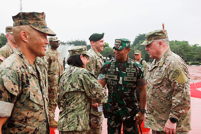 Kunjungan kehormatan Kepala Staf Gabungan Amerika Serikat (AS) Jenderal Mark Milley di Markas Besar TNI, Cilangkap, Jakarta, Minggu (24/7/2022).