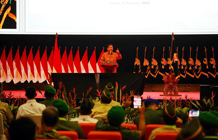 Menteri Pertahanan Prabowo Subianto menjadi pembicara dalam acara Silaturahmi Nasional Persatuan Purnawirawan TNI AD (PPAD) Tahun 2022.