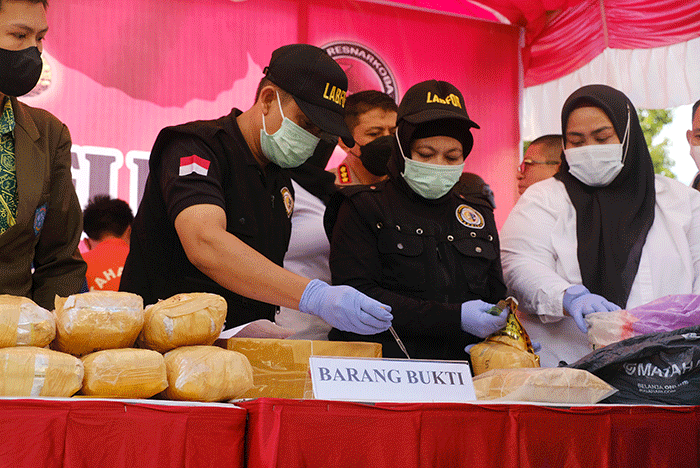 Sejumlah barang bukti narkoba berbagai jenis dan para tersangka dihadirkan dalam pemusnahan narkoba di Mapolda Sulsel, Makassar, Rabu (10/8/2022).