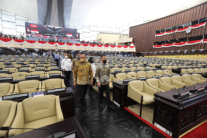 Gladi bersih persiapan Pidato Kenegaraan Presiden di Kompleks Parlemen, Senayan, Jakarta, Senin (15/8/2022).